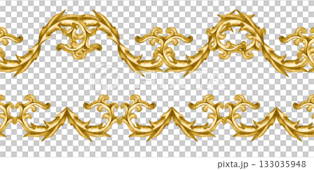 Golden vintage vignettes on a seamless pattern isolated on a white background. Watercolor border for Christmas and wedding decor, invitations, greeting cards, tablecloths, table runners, home decor 133035948