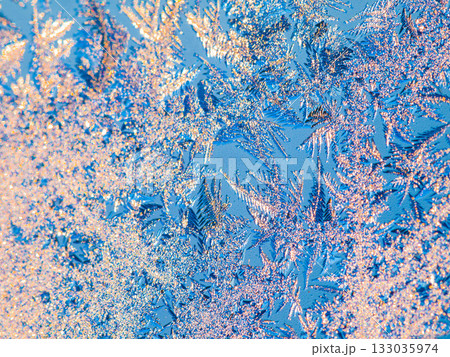 Pattern, winter and frozen snow art for christmas, holiday or season with mock up space. Abstract, texture and ice, frost and silver crystal for cold weather creative or artistic effect with mockup 133035974