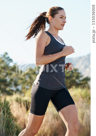 Running, health and woman training, balance and sports with workout goal, target or fitness. Female person, runner or athlete with wellness, exercise or run outdoor, energy or practice with breathing Running, health and woman training, balance and sports with workout goal, target or fitness. Female person, runner or athlete with wellness, exercise or run outdoor, energy or practice with breathing 133036008