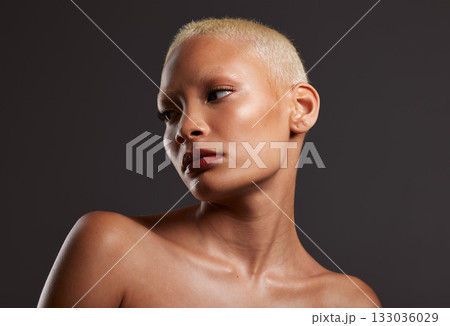 Beauty, makeup and skincare, face of black woman in dark studio with platinum hair isolated on grey background. Art aesthetic, cosmetics and beautiful African model in skin glow and luxury spa facial 133036029