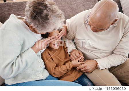 Love, grandparents and boy play on couch, happiness and bonding together for quality time. Family, granny and grandad with grandchild, playing and smile in living room, loving and enjoy retirement 133036080