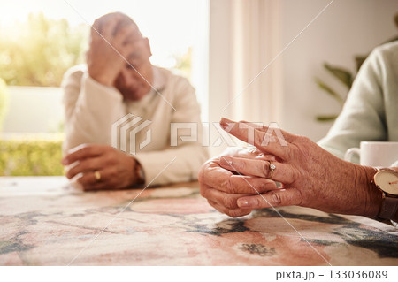 Divorce, closeup and hands with couple, issue and disagreement with anxiety, mental health and marriage. Zoom, man and woman remove ring, frustrated and stress together with problems and issues 133036089