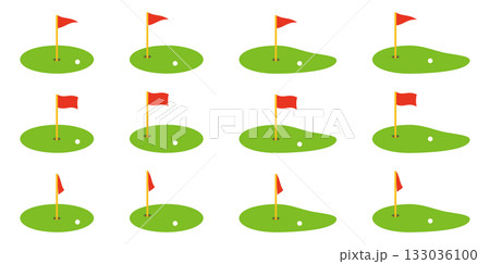 様々な形のゴルフグリーンと旗のアイコンのベクターイラストのセット 133036100