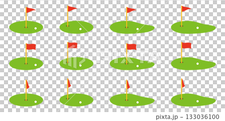 Set of vector illustrations of golf green and flag icons of various shapes 133036100