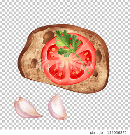 Hand-drawn rustic Italian snack. Isolated illustration featuring an open sandwich or bruschetta with a tomato slice, fresh parsley, and garlic cloves. Perfect for menu design, cooking book Hand-drawn rustic Italian snack. Isolated illustration featuring an open sandwich or bruschetta with a tomato slice, fresh parsley, and garlic cloves. Perfect for menu design, cooking book 133036272