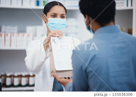 Pharmacy package, face mask and woman with customer with pills prescription, medical supplements and medicine. Healthcare, covid and pharmacist with man with shopping product, drugs or medication Pharmacy package, face mask and woman with customer with pills prescription, medical supplements and medicine. Healthcare, covid and pharmacist with man with shopping product, drugs or medication 133036306
