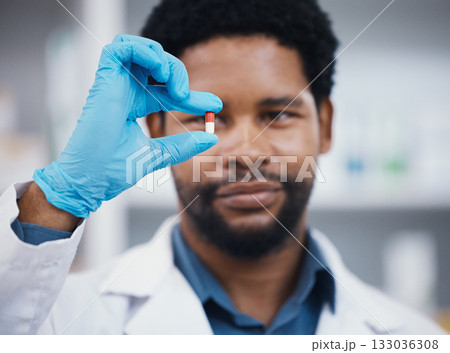 Worker, pharmacist or holding medicine in research, medical healthcare or wellness innovation in retail store clinic or hospital study. Pharmacy, black man or employee and pills drugs or product help 133036308