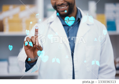 Pharmacist, hand or medical hologram for medicine research, planning or interactive consulting help. Smile, happy or black man finger in pharmacy abstract, 3d interactive software or healthcare trust Pharmacist, hand or medical hologram for medicine research, planning or interactive consulting help. Smile, happy or black man finger in pharmacy abstract, 3d interactive software or healthcare trust 133036313