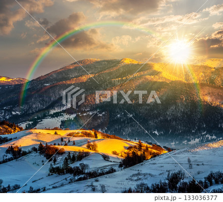 mountain rural area near peaks in snow on frosty winter at sunset. countryside landscape with rolling hill cover with snow in evening light. cold alpine climate. storytelling image under the rainbow 133036377