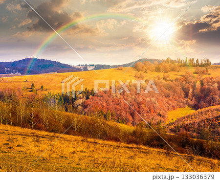 countryside mountain landscape in autumn at sunset. alps in evening light. beautiful place under rainbow. scenery with forest on rolling hills. beauty in nature and rural sustainability concept countryside mountain landscape in autumn at sunset. alps in evening light. beautiful place under rainbow. scenery with forest on rolling hills. beauty in nature and rural sustainability concept 133036379