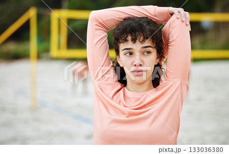 Stretching arm, exercise and woman at beach for volleyball practice, training or workout. Thinking, sports fitness and female athlete warm up, prepare or get ready to start match, game or competition Stretching arm, exercise and woman at beach for volleyball practice, training or workout. Thinking, sports fitness and female athlete warm up, prepare or get ready to start match, game or competition 133036380