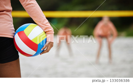 Volleyball, beach body or hand of woman playing a game in training or team workout in summer together. Sports fitness, zoom or healthy girl on sand ready to start a fun competitive match in Brazil Volleyball, beach body or hand of woman playing a game in training or team workout in summer together. Sports fitness, zoom or healthy girl on sand ready to start a fun competitive match in Brazil 133036386