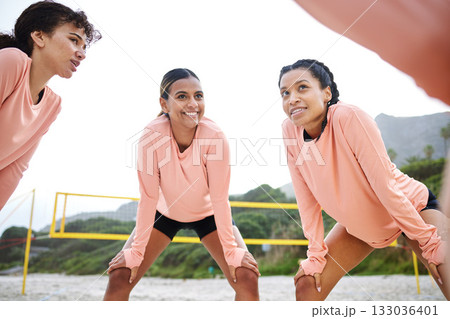 Volleyball huddle, sport women and smile on the beach before game, fitness and team training. Workout, exercise and teamwork of young people with happiness together for sports and athlete match Volleyball huddle, sport women and smile on the beach before game, fitness and team training. Workout, exercise and teamwork of young people with happiness together for sports and athlete match 133036401