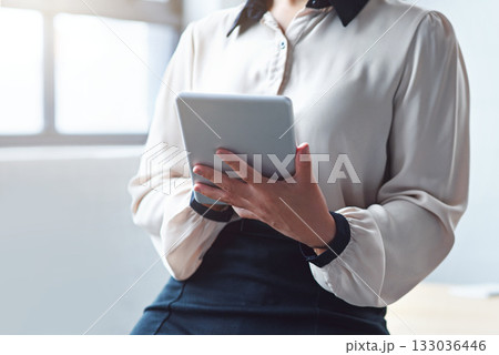 Hands, tablet and office with manager woman, planning for business schedule, calendar or goal research. Corporate executive, mobile touchscreen tech or expert in workplace for idea on digital app 133036446