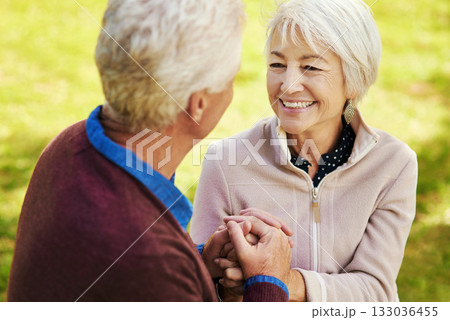 Old couple, holding hands with love and comfort outside in park with smile and happiness together with bonding. Happy, man and woman with travel, relationship with marriage and trust in retirement 133036455