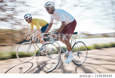 Cycling, speed and men on bicycle with motion blur for adrenaline, extreme sports and action on road. Fitness, mountain biking and friends on bikes for exercise, workout and training for competition Cycling, speed and men on bicycle with motion blur for adrenaline, extreme sports and action on road. Fitness, mountain biking and friends on bikes for exercise, workout and training for competition 133036456