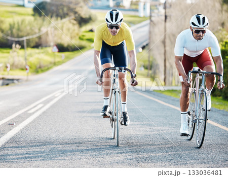 Cycling fitness men or friends on road travel, sports or marathon training in countryside street competition or race. Exercise bicycle of athlete people in teamwork, triathlon journey and safety gear Cycling fitness men or friends on road travel, sports or marathon training in countryside street competition or race. Exercise bicycle of athlete people in teamwork, triathlon journey and safety gear 133036481