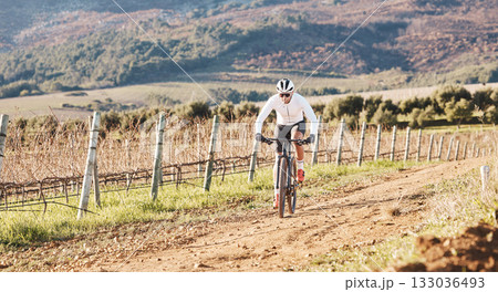 Man, bicycle and cycling on gravel in nature, countryside and training for triathlon, sports and power. Cyclist, mountain bike and off road path for marathon fitness, exercise and freedom in sunshine 133036493