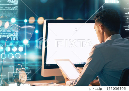 Business, man and futuristic with mockup, hologram and programming for data analytics, coding or cyber security. Male employee, programmer or coder in office, computer or tablet with holographic code Business, man and futuristic with mockup, hologram and programming for data analytics, coding or cyber security. Male employee, programmer or coder in office, computer or tablet with holographic code 133036506