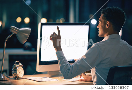 Night, computer screen and man with mockup space for digital interaction, product placement or website design. Business man or professional person on desktop pc in mock up for press or point at app Night, computer screen and man with mockup space for digital interaction, product placement or website design. Business man or professional person on desktop pc in mock up for press or point at app 133036507