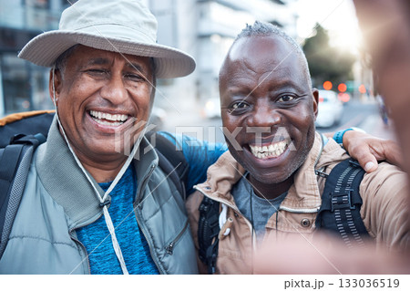 Elderly travel, portrait men and selfie of senior friends in a city with happiness and freedom on vacation. Happy face, urban picture and black people traveling together and laughing in New York 133036519