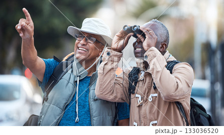 Binoculars, city and men travel outdoor of discovery, explore vacation or tourist adventure walk. Happy friends, tourism and sightseeing search in sky, lens or journey direction of holiday experience Binoculars, city and men travel outdoor of discovery, explore vacation or tourist adventure walk. Happy friends, tourism and sightseeing search in sky, lens or journey direction of holiday experience 133036520