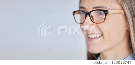Mockup, business and woman with glasses, vision and advertising against a grey studio background. Female employee, lady and manager with eyewear, happiness and confidence with clear sight and smile 133036747