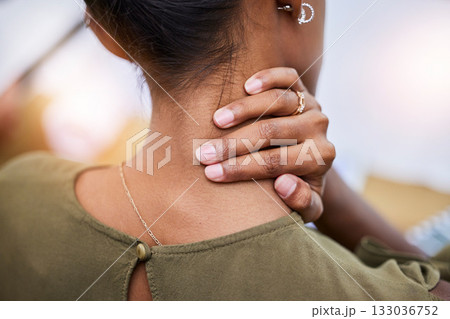 Neck pain, stress and back of woman with injury, joint inflammation or arthritis risk. Healthcare, stress and girl massage muscles for relief from strain, muscular nerve tension and body ache problem Neck pain, stress and back of woman with injury, joint inflammation or arthritis risk. Healthcare, stress and girl massage muscles for relief from strain, muscular nerve tension and body ache problem 133036752