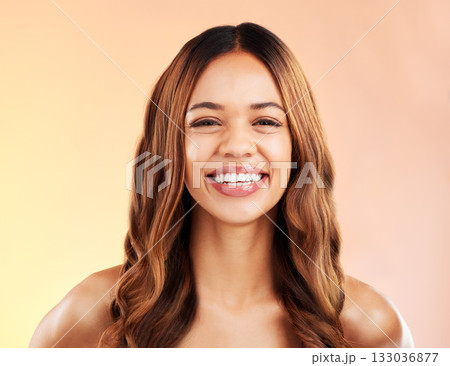 Beauty, smile and hair style with portrait of woman for shampoo, makeup and cosmetology. Happy, skincare and style with girl model for glow, self care and keratin treatment on studio background 133036877