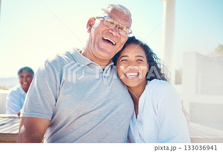 Portrait, father, daughter hug, picnic and smile for quality time, bonding and loving together. Face, dad and adult female child embrace, outdoor and happiness on summer vacation, break and laughing Portrait, father, daughter hug, picnic and smile for quality time, bonding and loving together. Face, dad and adult female child embrace, outdoor and happiness on summer vacation, break and laughing 133036941