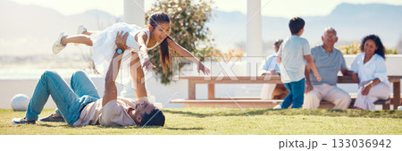 Relax, playful and father and daughter in garden for bonding, happiness and quality time. Freedom, holiday and support with family playing in backyard of home for weekend, childhood and affectionate Relax, playful and father and daughter in garden for bonding, happiness and quality time. Freedom, holiday and support with family playing in backyard of home for weekend, childhood and affectionate 133036942