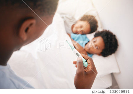 Black family, father and sick kids with thermometer for checking temperature, fever or illness at home in bed. Hand of African American dad taking children temp in bedroom for healthcare diagnosis Black family, father and sick kids with thermometer for checking temperature, fever or illness at home in bed. Hand of African American dad taking children temp in bedroom for healthcare diagnosis 133036951