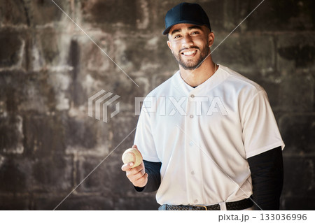 Sports, baseball and portrait of man with ball, smile and ready for game, match and practice in stadium. Softball mockup, motivation and happy player in dugout for training, exercise and competition Sports, baseball and portrait of man with ball, smile and ready for game, match and practice in stadium. Softball mockup, motivation and happy player in dugout for training, exercise and competition 133036996