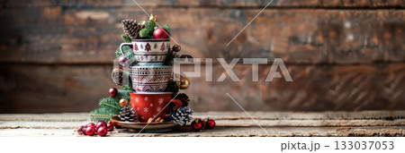 Festive stacked mugs with pinecones and ornaments celebrating New Year. Merry Christmas. Horizontal banner. Copy space. For cafe, bar, coffee shop Festive stacked mugs with pinecones and ornaments celebrating New Year. Merry Christmas. Horizontal banner. Copy space. For cafe, bar, coffee shop 133037053