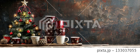 Cozy new year celebration with festive cups and decorated christmas tree. Happy New Year. Horizontal banner. Copy space. For cafe, bar, coffee shop 133037055
