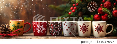 Festive new year celebration with holiday decorated mugs and pine cones. Happy New Year. Horizontal banner. Copy space. For cafe, bar, coffee shop 133037057