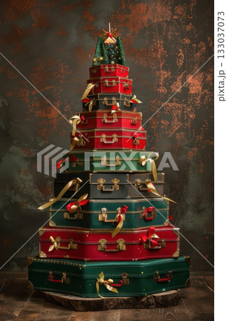 Creative Christmas tree with stacked gift boxes and festive decorations. Happy New Year. Vertical banner. Copy space. Travel, vacation concept. Vintage postcard Creative Christmas tree with stacked gift boxes and festive decorations. Happy New Year. Vertical banner. Copy space. Travel, vacation concept. Vintage postcard 133037073