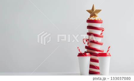Creative Christmas tree made of stacked cups with candy canes and star topper for festive decor. Happy New Year. Horizontal banner. Copy space. For cafe, bar, coffee shop 133037080
