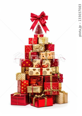 Festive Christmas tree of gift boxes with bow for holiday celebrations and decorations. Happy New Year. Vertical banner. White background Festive Christmas tree of gift boxes with bow for holiday celebrations and decorations. Happy New Year. Vertical banner. White background 133037083