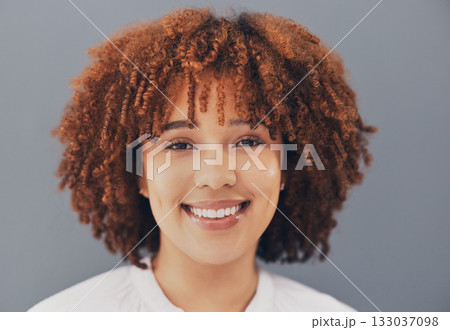 Corporate black woman, studio portrait and smile with beauty, makeup and cosmetics by gray background. Young manager, gen z african girl and glow on skin with vision, happiness and career mission Corporate black woman, studio portrait and smile with beauty, makeup and cosmetics by gray background. Young manager, gen z african girl and glow on skin with vision, happiness and career mission 133037098