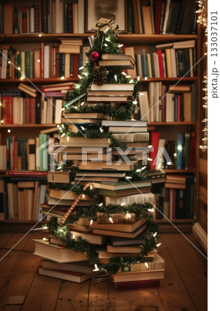 Festive book Christmas tree in library setting with holiday lights. Happy New Year. Vertical banner. Copy space. World book day. Back to school 133037101