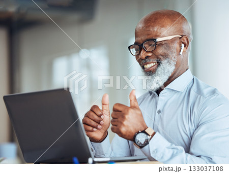 Thumbs up, laptop and African businessman on online meeting or virtual discussion in his office. Happy, success and senior male manager with approve gesture on video call with computer in workplace. Thumbs up, laptop and African businessman on online meeting or virtual discussion in his office. Happy, success and senior male manager with approve gesture on video call with computer in workplace. 133037108