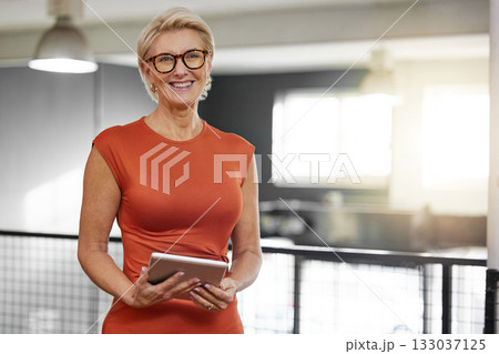 Portrait, tablet and smile of business woman in office with pride for career and job. Ceo, boss and happy face of elderly female entrepreneur or professional from Canada in company with technology. Portrait, tablet and smile of business woman in office with pride for career and job. Ceo, boss and happy face of elderly female entrepreneur or professional from Canada in company with technology. 133037125