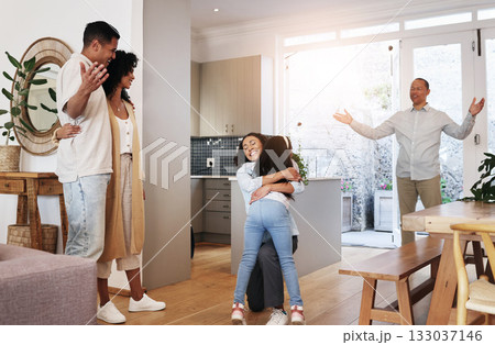 Welcome, happy and hug with grandparents and family in living room for bonding, greeting and meeting. Smile, affectionate and generations with children and parents at home for hello, embrace or visit 133037146