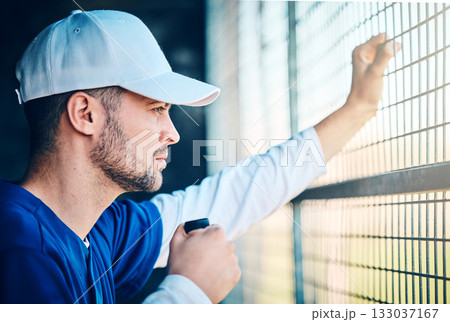 Sports, serious and baseball with man in dugout for thinking, training and planning strategy. Relax, fitness and workout with athlete in park stadium for focus, competition match or coaching Sports, serious and baseball with man in dugout for thinking, training and planning strategy. Relax, fitness and workout with athlete in park stadium for focus, competition match or coaching 133037167