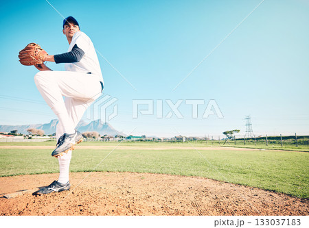 Sports athlete, baseball field or man throwing in competition mock up, practice match or pitcher training workout. Softball, grass pitch or mockup player doing fitness, exercise or pitching challenge 133037183