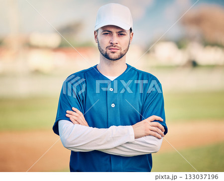 Sports, baseball and portrait of man on field ready for game, practice and competition with confident mindset. Fitness, wellness and male athlete outdoors for exercise, training and workout for match Sports, baseball and portrait of man on field ready for game, practice and competition with confident mindset. Fitness, wellness and male athlete outdoors for exercise, training and workout for match 133037196