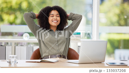 Black woman in business, relax in office and stress relief, content and peace with career satisfaction and job well done. Laptop, break and smile with positive mindset and corporate female at desk 133037208
