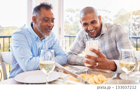 Black man selfie, senior dad and home with smile, love and bonding at table for celebration with web app. Men, smartphone photography or profile picture for social media with happiness, food and care 133037212