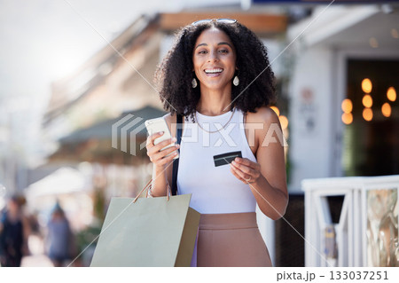 Credit card, shopping and portrait of woman with phone for ecommerce, information or subscription. Online payment, banking or membership for girl retail customer at a mall while checking credit score Credit card, shopping and portrait of woman with phone for ecommerce, information or subscription. Online payment, banking or membership for girl retail customer at a mall while checking credit score 133037251